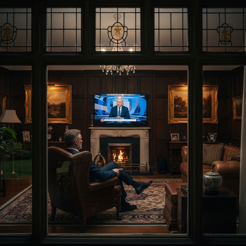 Elegant Window View: Wealthy Man Engrossed in News on Big Screen TV