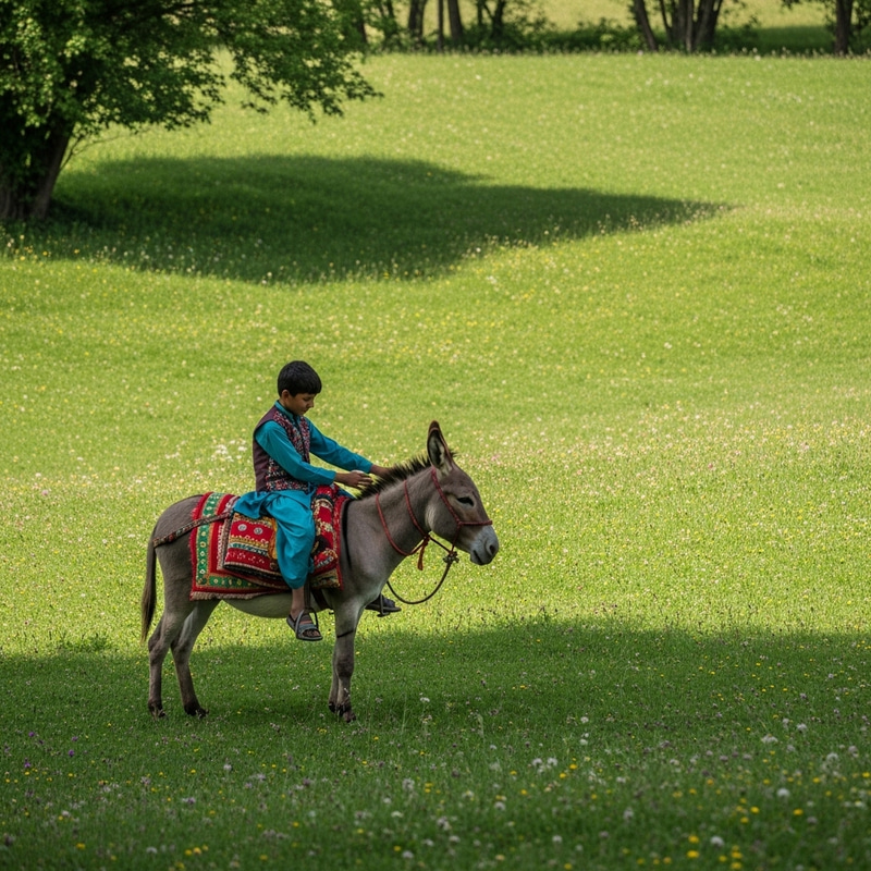 Indian Boy Seated on Donkey in Picturesque Village Field Indian Boy Seated on Donkey in Picturesque Village Field