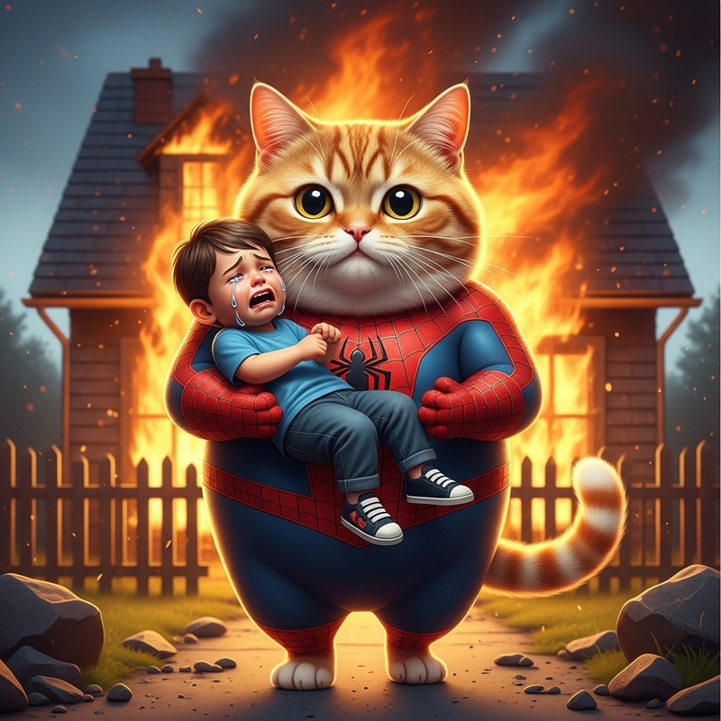 Realistic Spider-Man Cat Saves Boy from Fire Realistic Spider-Man Cat Saves Boy from Fire