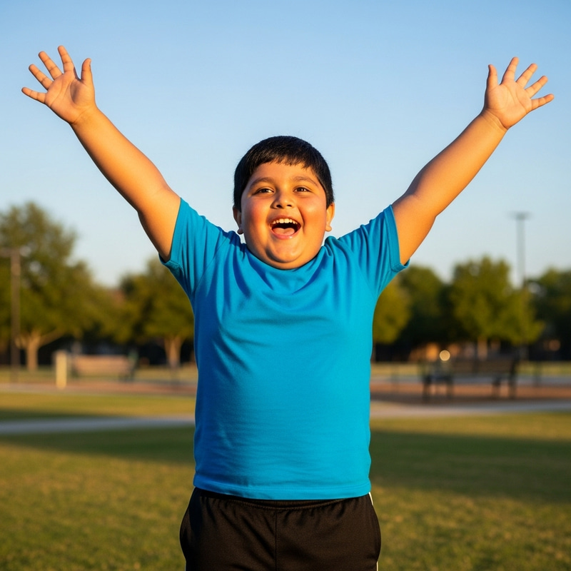 Joyful Chubby Boy with Raised Arms in Blue Shirt Joyful Chubby Boy with Raised Arms in Blue Shirt
