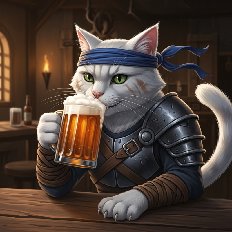 Fierce Feline Warrior Savoring Brew with Bond on Head Fierce Feline Warrior Savoring Brew with Bond on Head