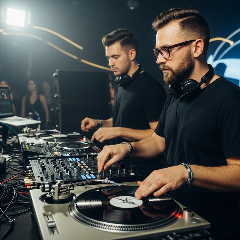 Bearded DJ in Red Glasses Spinning at Turntables