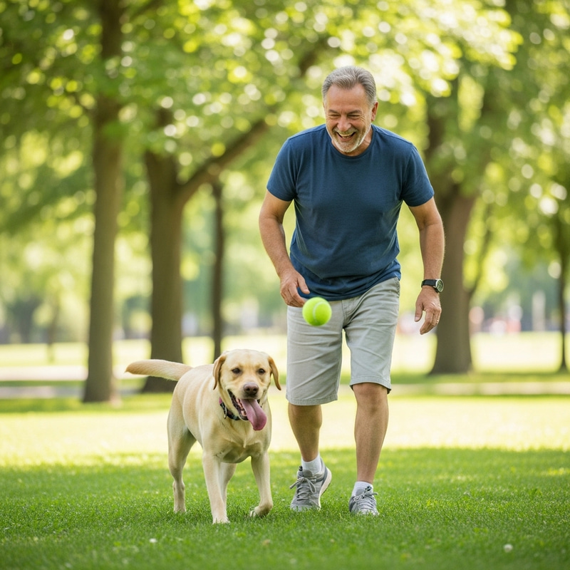Playful Moment: Man and Labrador Retrievers Enjoying Fetch Game in the Park Playful Moment: Man and Labrador Retrievers Enjoying Fetch Game in the Park