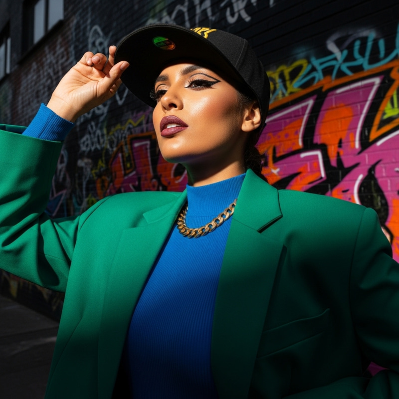 Stylish Woman in Snapback Hat | High Fashion Photography in Vibrant Colors