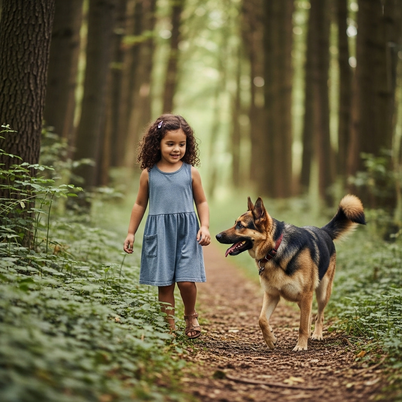 Sweet Cherubic Girl & Friendly Shepherd Dog Play in Tranquil Forest Sweet Cherubic Girl & Friendly Shepherd Dog Play in Tranquil Forest