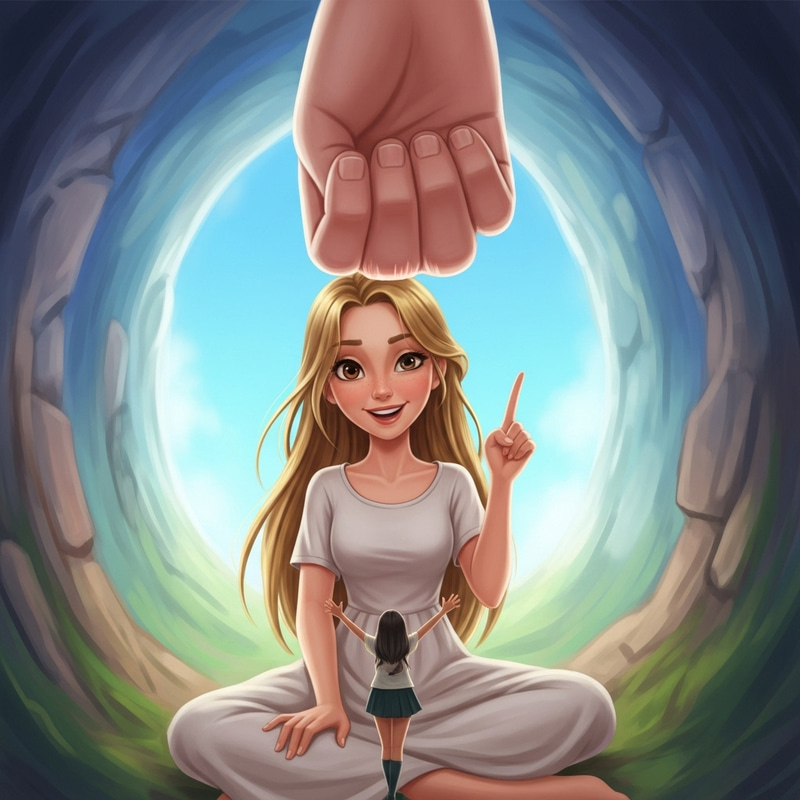 Whimsical Giant Woman Towering Over in Enchanting Scene Whimsical Giant Woman Towering Over in Enchanting Scene