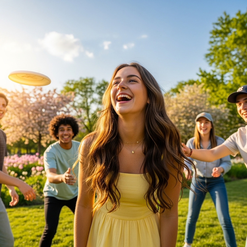 Joyful 19-Year-Old Caucasian Girl Laughing with Friends Outdoors