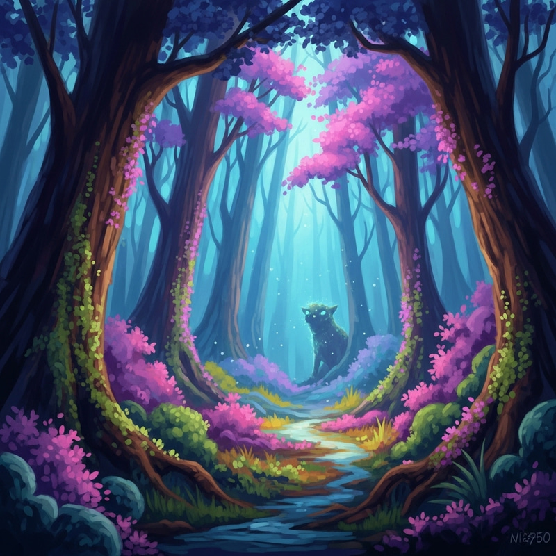 Enchanted Mystical Forest with Hidden Creature