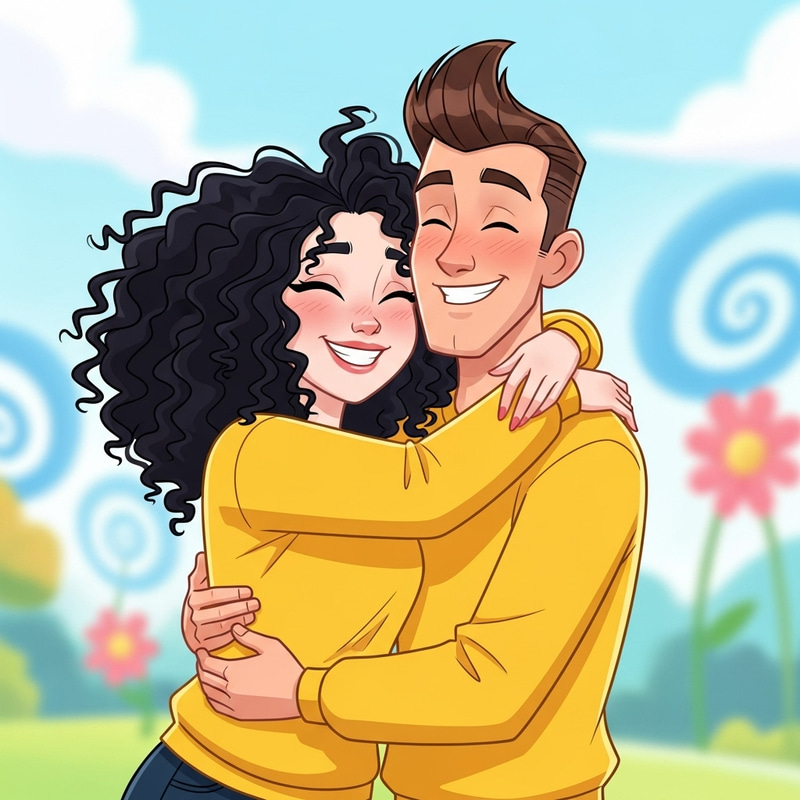 Whimsical Animation of a Couple in Yellow Sweatshirts Whimsical Animation of a Couple in Yellow Sweatshirts