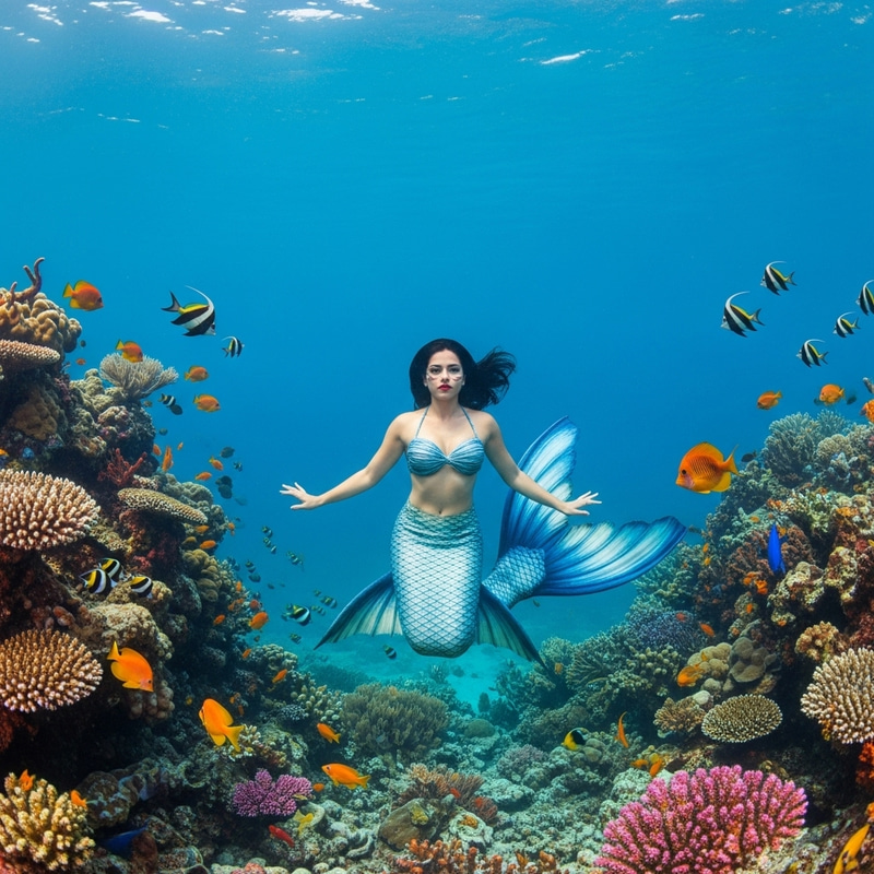 Surreal Underwater Mermaid Art with Vibrant Coral Reefs