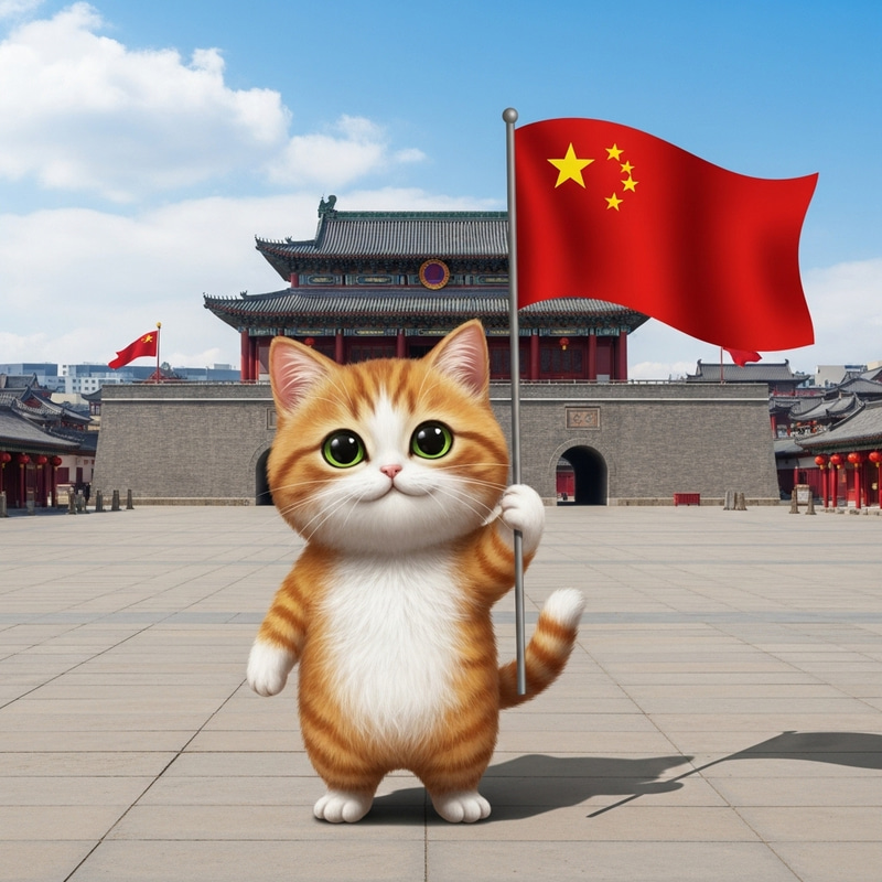 Adorable Cat Waving China Flag at Tiananmen Square