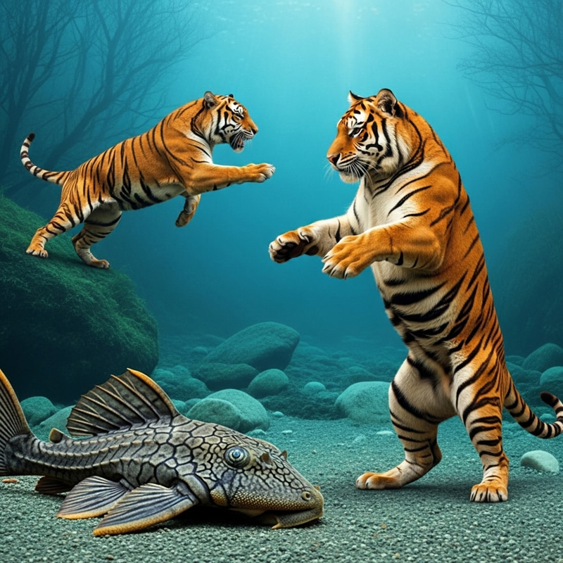 Plecostomus Fighting a Tiger: Aquatic Battle Unfolds