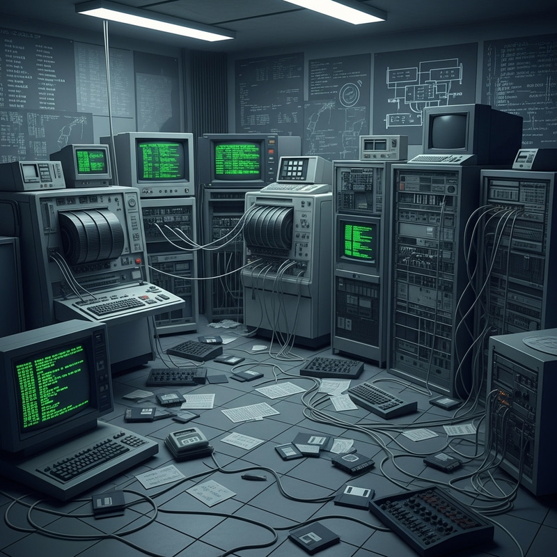Obsolete IT Equipment - Futuristic Relics in Storage Room Obsolete IT Equipment - Futuristic Relics in Storage Room