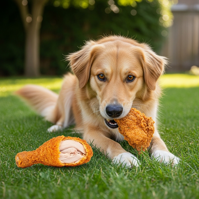 Playful Dog Enjoying Fried Chicken in Backyard