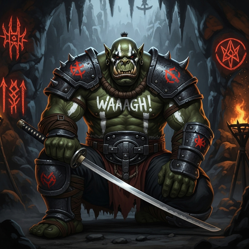 Intense Orc Warrior with Katana | Battle-Ready Fantasy Scene
