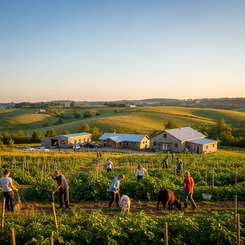 Inclusive Sustainable Farming Community at Early Sunset | Diverse Agriculture