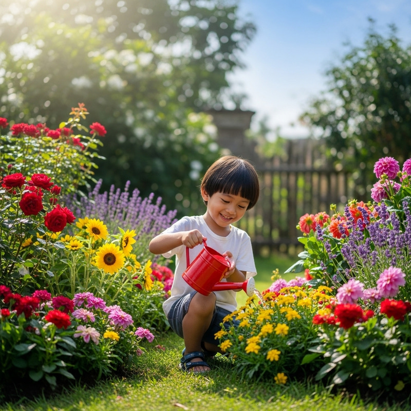 Adorable Indonesian Child Playing in Colorful Flower Garden Adorable Indonesian Child Playing in Colorful Flower Garden
