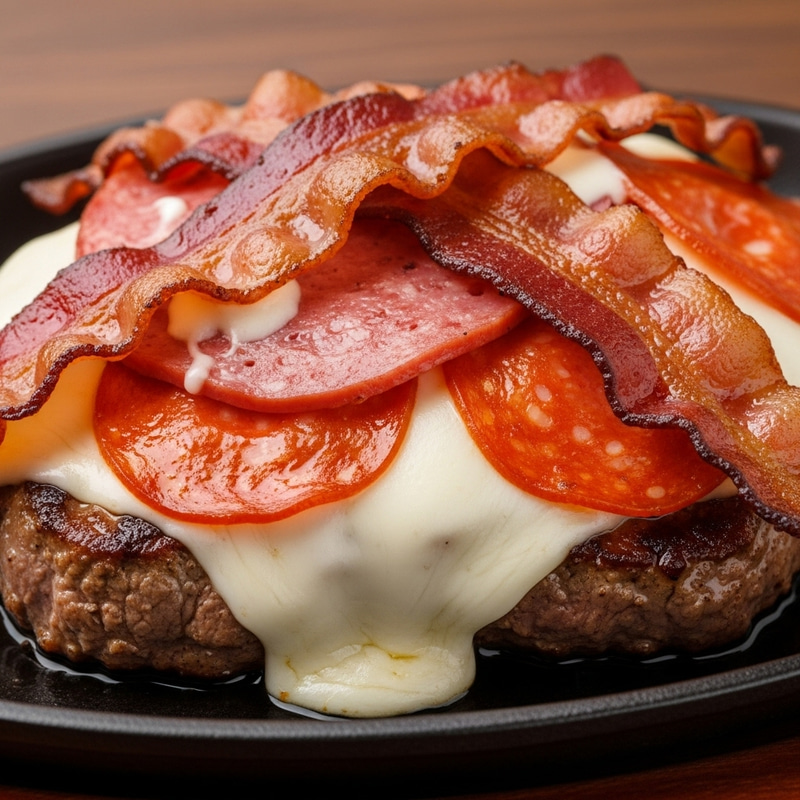 Sizzling Steak with Mozzarella, Bacon & Pepperoni Sizzling Steak with Mozzarella, Bacon & Pepperoni