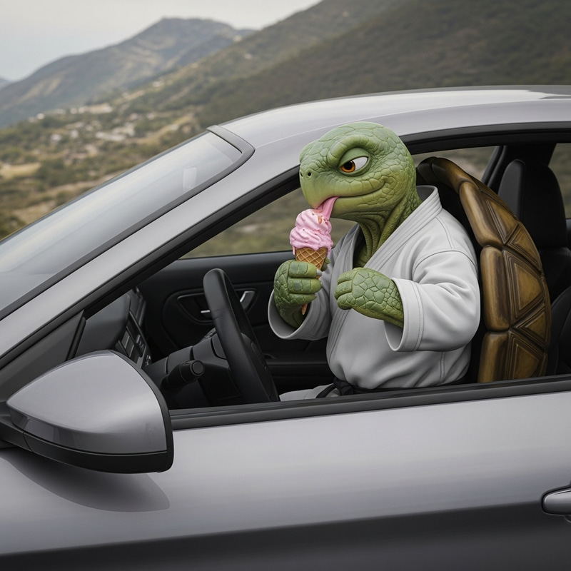 Karate Turtle Eating Ice Cream in Porsche Karate Turtle Eating Ice Cream in Porsche