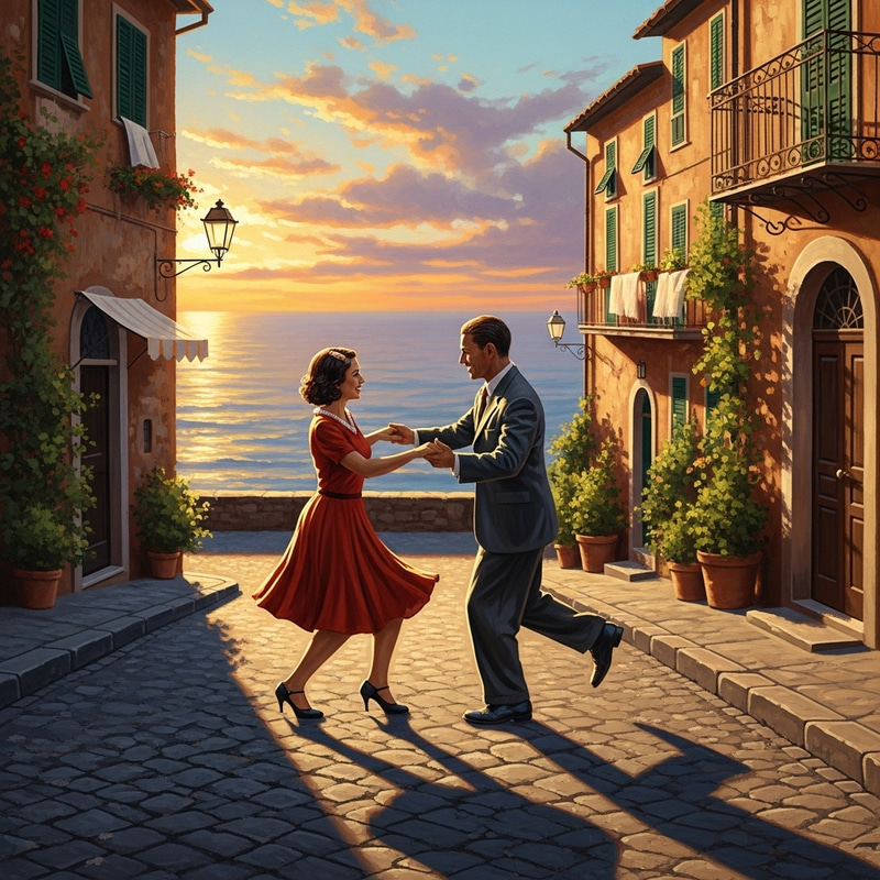 Romantic Swing Dancing Couple at Sunset in Italian Coastal City Romantic Swing Dancing Couple at Sunset in Italian Coastal City