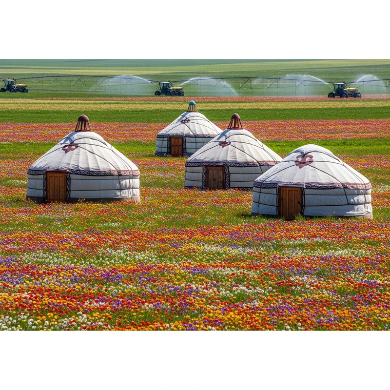 Vivid Spring Flowers and Kazakh Yurts in Serene Rural Scene