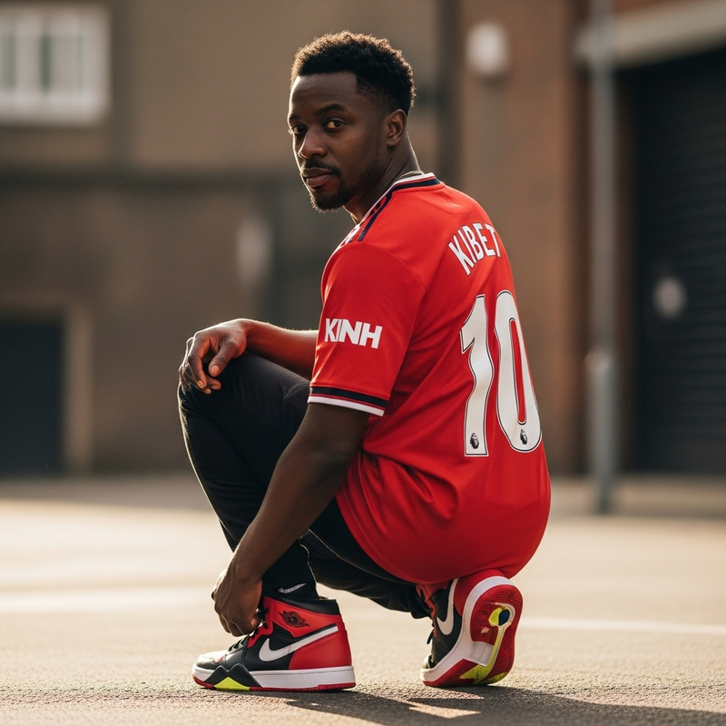 Stylish African Man in Manchester United T-shirt | Kibet & Jordan Shoes Stylish African Man in Manchester United T-shirt | Kibet & Jordan Shoes