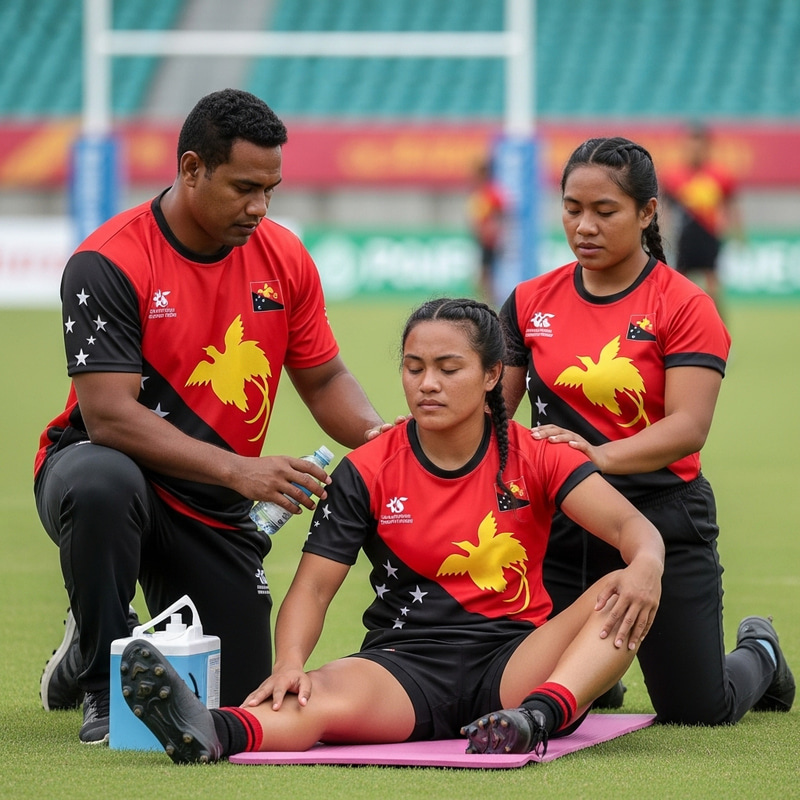 Papua New Guinea Sports Physiotherapist at Pacific Games Rugby Field Papua New Guinea Sports Physiotherapist at Pacific Games Rugby Field