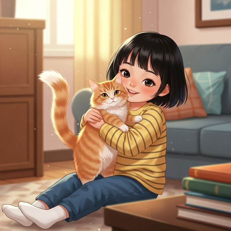 Cute Cat Girl Cuddling with Tabby in Cozy Room Cute Cat Girl Cuddling with Tabby in Cozy Room