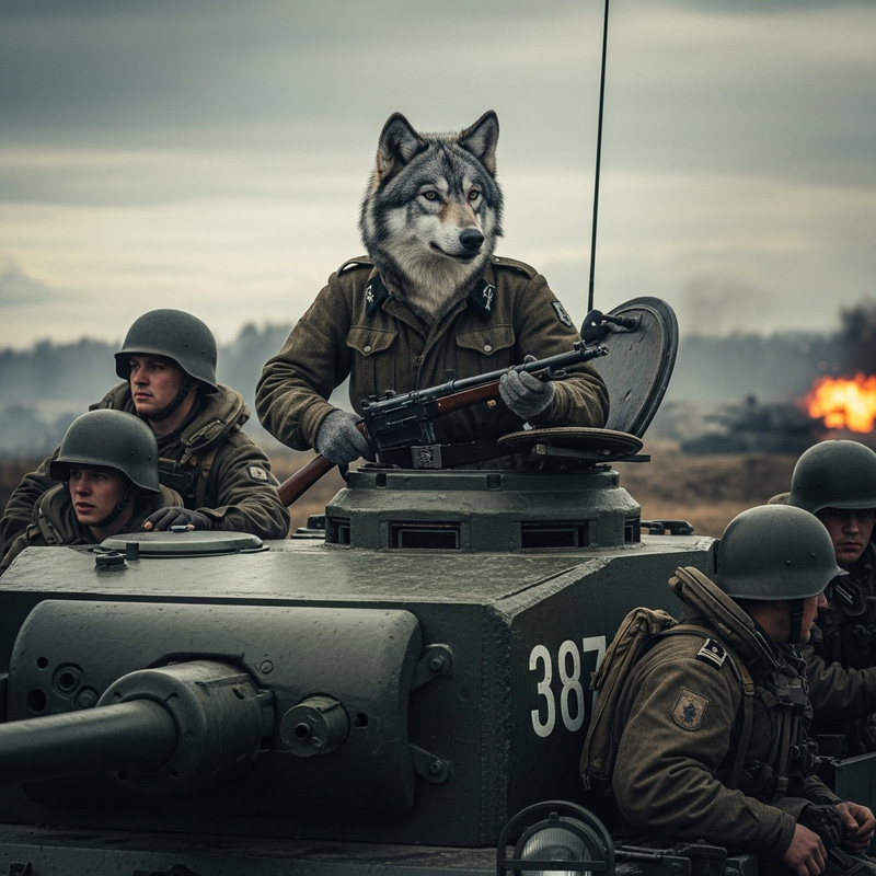 Anthropomorphic Female Gray Wolf in Czech Tank, WWII Scene