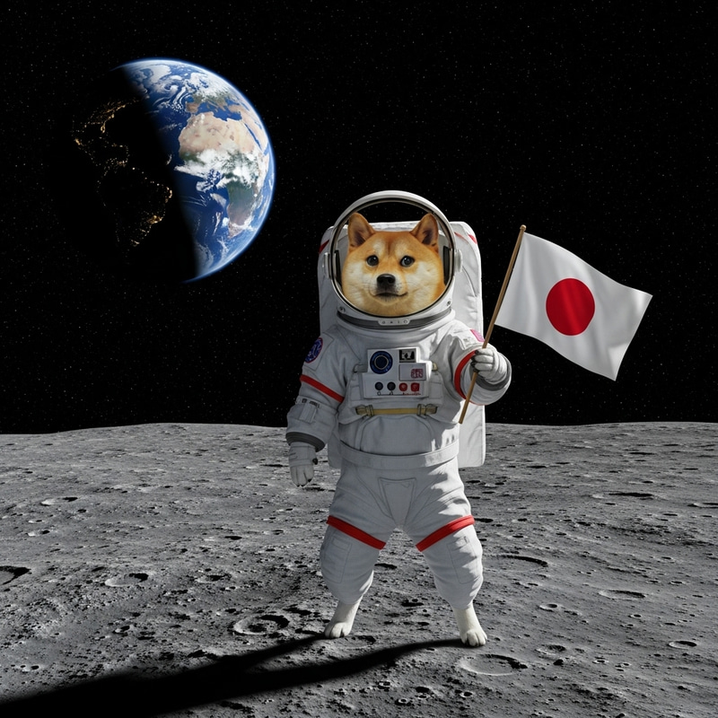 Adorable Shiba Inu in Spacesuit with Japanese Flag on Moon - Whimsical Space Exploration Adorable Shiba Inu in Spacesuit with Japanese Flag on Moon - Whimsical Space Exploration