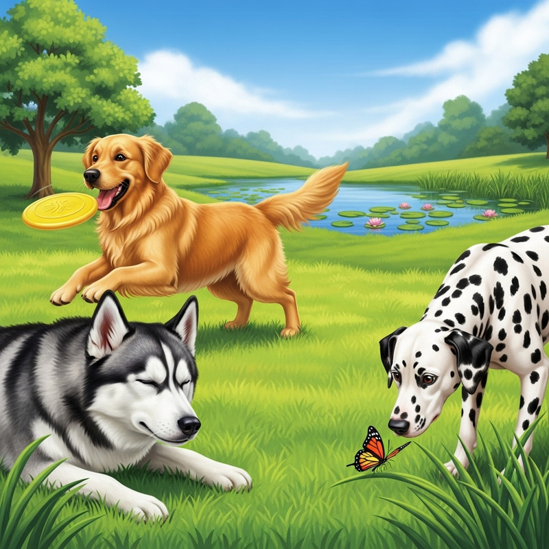 Heartwarming Scene of Golden Retriever, Siberian Husky & Dalmatian Dogs Playing in Park Heartwarming Scene of Golden Retriever, Siberian Husky & Dalmatian Dogs Playing in Park
