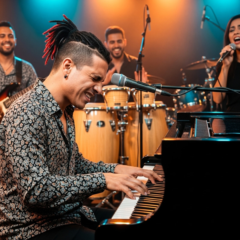 Argentinian Musician with Black and Red Dreadlocks Playing Piano in Cumbia Band