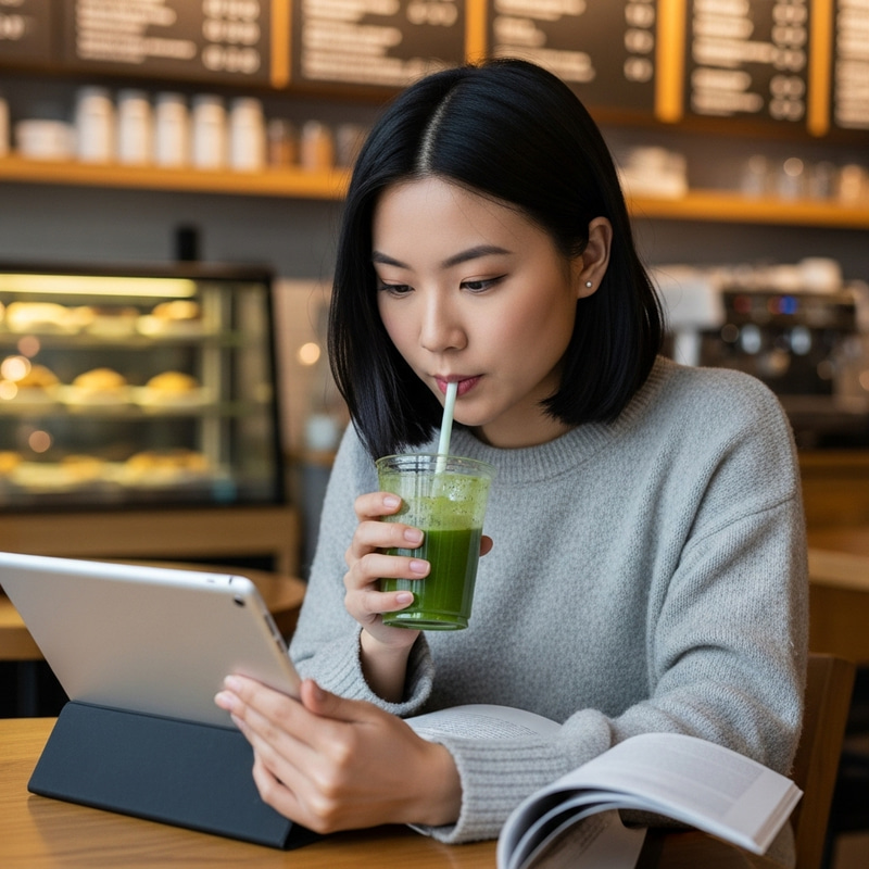 Cozy Coffee Shop Study Session of East Asian Woman with Green Smoothie Cozy Coffee Shop Study Session of East Asian Woman with Green Smoothie
