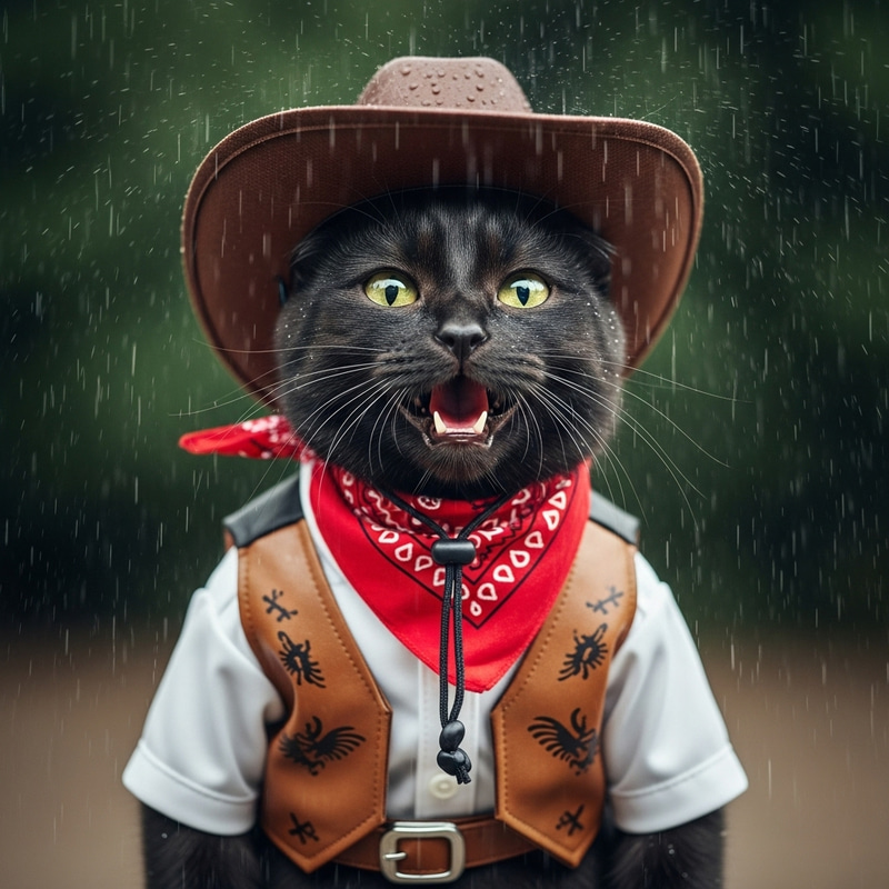 Laughing Dark Cat in Cowboy Outfit Enjoying Rain