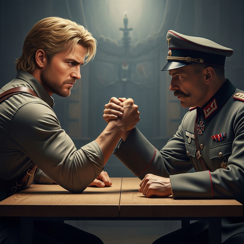Ryan Gosling Arm Wrestles Adolf Hitler - Epic Showdown at Wooden Table Ryan Gosling Arm Wrestles Adolf Hitler - Epic Showdown at Wooden Table
