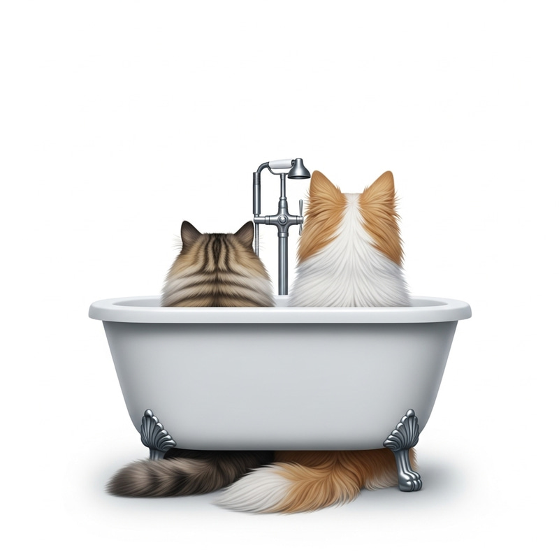 Fluffy Cat and Dog in Bathtub, Hyper Realism