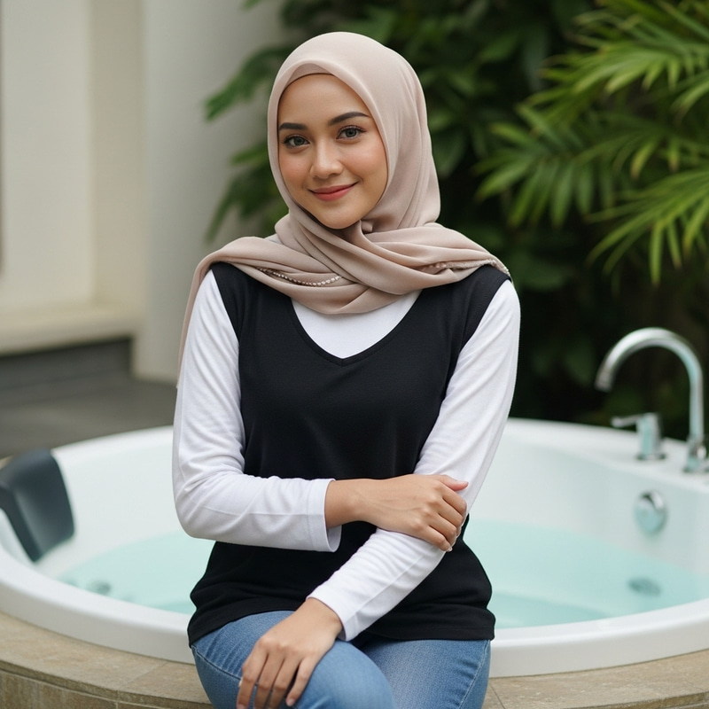 Radiant Indonesian Woman in Casual Stylish Hijab at Serene Jacuzzi Radiant Indonesian Woman in Casual Stylish Hijab at Serene Jacuzzi