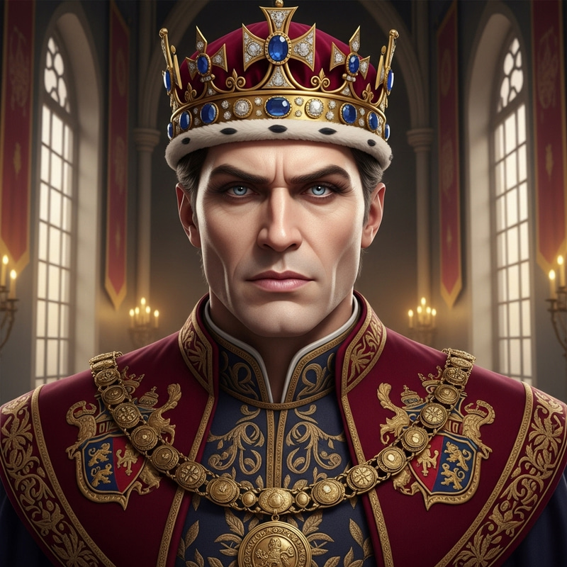 Regal King with Crown - Cold Expression and Blue Eyes