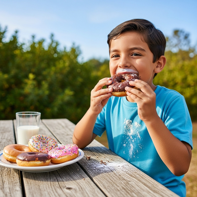 Boy Eating Donuts Outdoors Boy Eating Donuts Outdoors