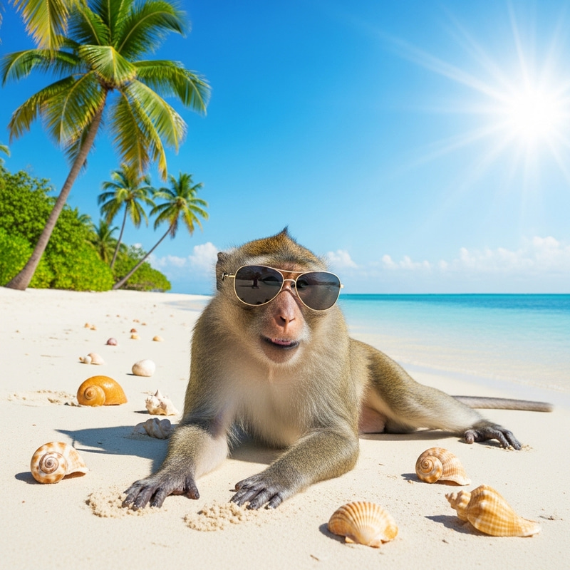 Jovial Monkey at Beach: Relaxing Scene with Trendy Sunglasses Jovial Monkey at Beach: Relaxing Scene with Trendy Sunglasses