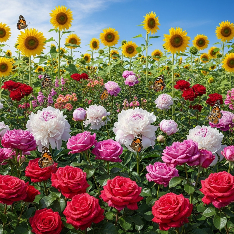Vibrant Garden Blooms: Roses, Peonies, Sunflowers & Butterflies