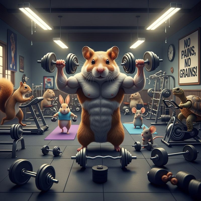 Realistic Rendering of Muscular Hamster Lifting Weights at Gym Realistic Rendering of Muscular Hamster Lifting Weights at Gym
