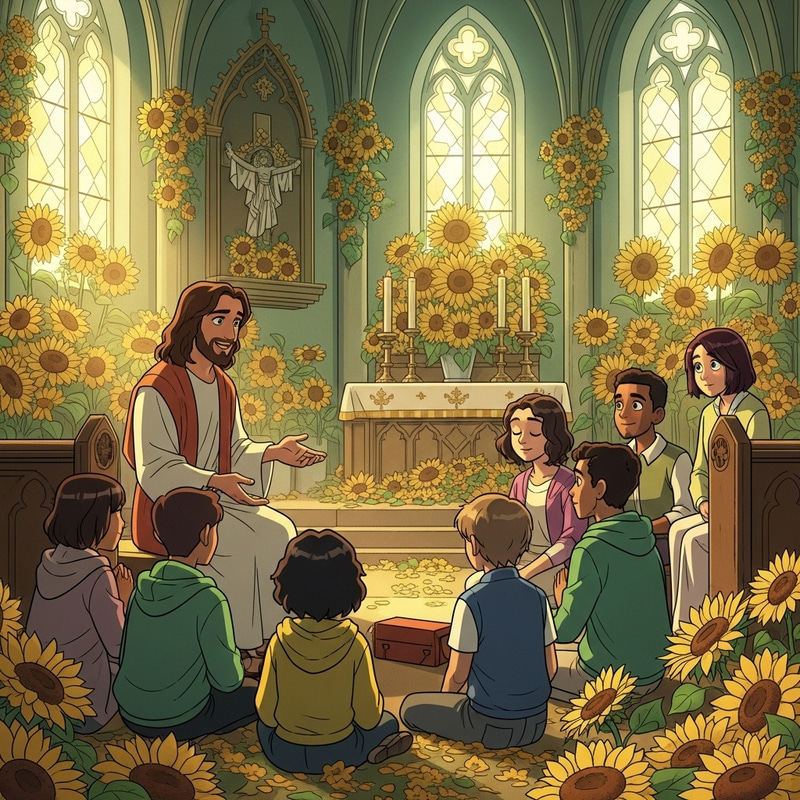 Animated Jesus praying with young people in sunflower-adorned church Animated Jesus praying with young people in sunflower-adorned church