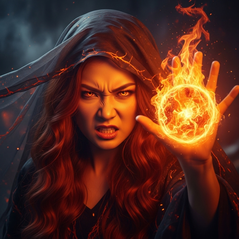Captivating Fiery Asian Woman Conjuring Flames with Intense Determination