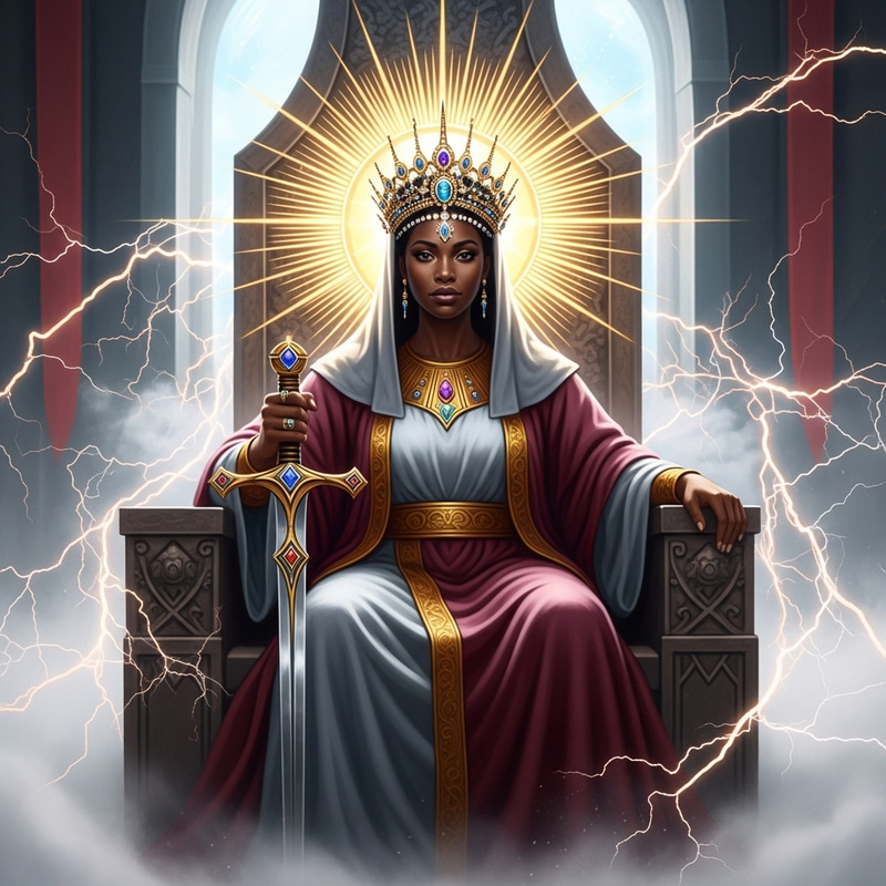 Regal Black Woman on Throne in Divine Attire | Spiritual Authority