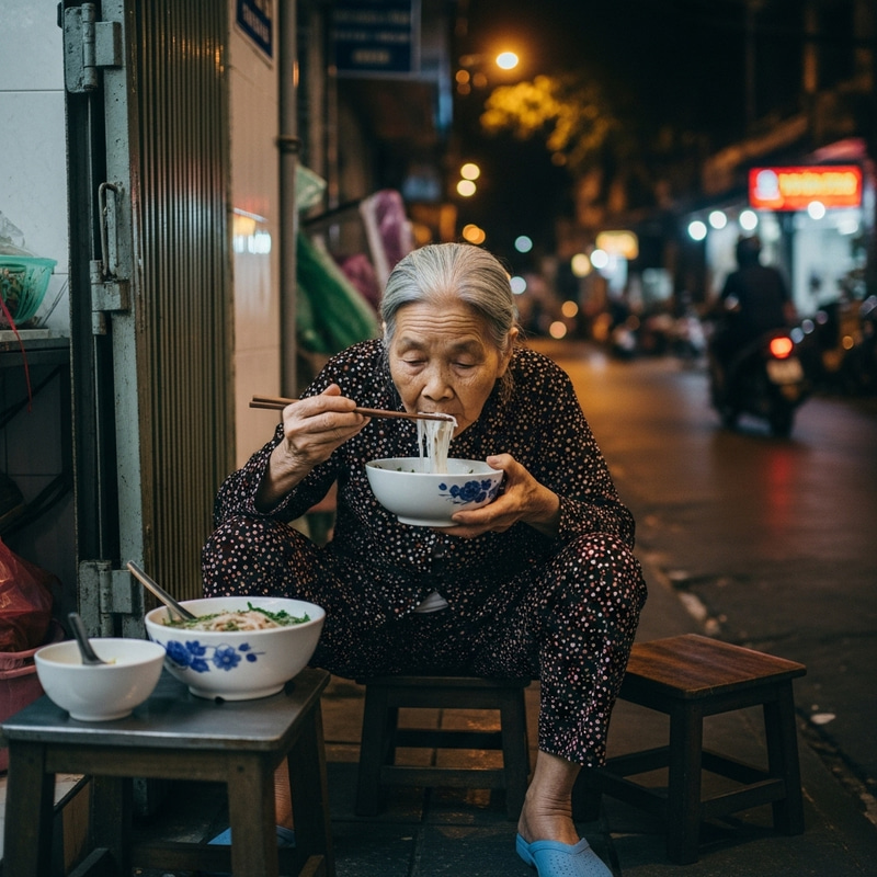 Traditional Vietnamese Pho: Elderly Woman Savoring Noodle Soup Traditional Vietnamese Pho: Elderly Woman Savoring Noodle Soup