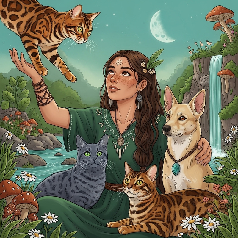 Mystical Woman with Bengals & Russian Blue Cat in Enchanted Garden