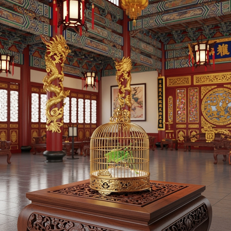 Ornate Golden Cage with Cricket in Chinese Palace Ornate Golden Cage with Cricket in Chinese Palace