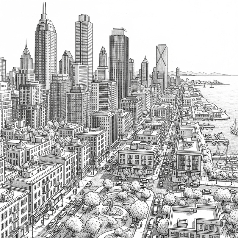 Urban Cityscape Pencil Drawing with Seaside View Urban Cityscape Pencil Drawing with Seaside View