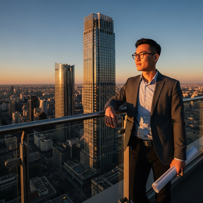 Young Male Architect Examining Detailed Skyscraper Project Young Male Architect Examining Detailed Skyscraper Project